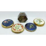 Four compacts and a cloisonne box