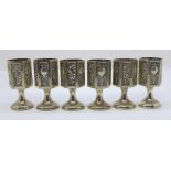 Six matching 925 sterling silver Kiddush cups with floral and fruit design, 188.6g