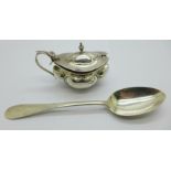 A silver mustard, no liner, and a Victorian silver spoon, 74.5g