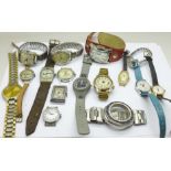 Fifteen wristwatches and a watch case including Stavia, Buler and Timex