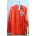An England 1966 World Cup replica shirt signed by Banks, Stiles, Cohen, Hunt, Peters, Hurst and Ball