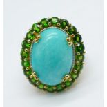 A silver gilt, Russian diopside and amazonite cocktail ring, P