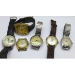 Six wristwatches including Seiko Sportsmatic, (loose hands inside case), J.W. Benson, Invicta, Baume