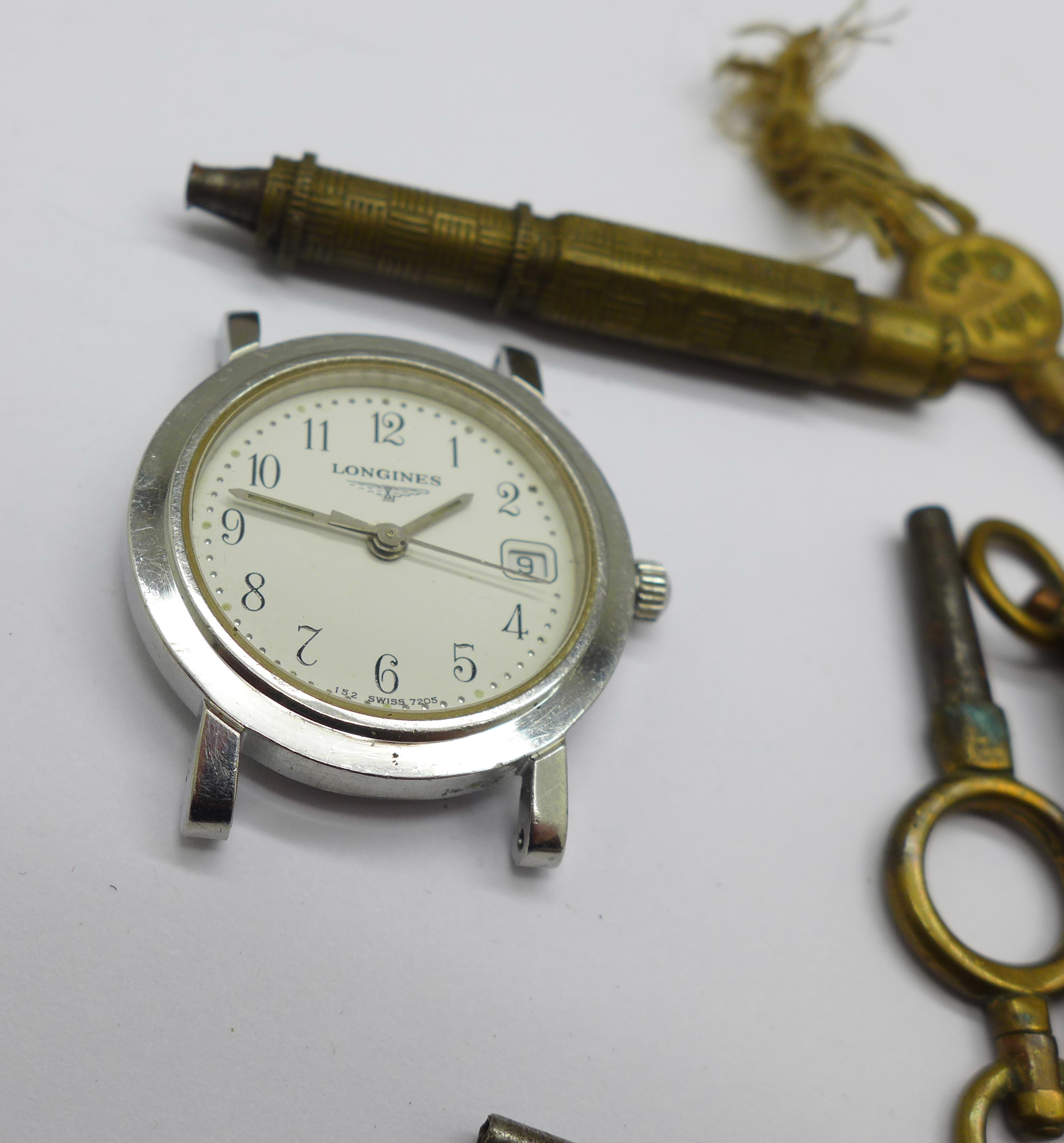 Pocket watch keys and a quartz Longines wristwatch, 24mm case - Image 2 of 3