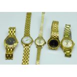Five lady's gold plated wristwatches, 2x Gucci, a Bulova and two Rotary