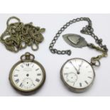 A silver fusee pocket watch with Albert chain and silver fob, lacking glass and second hand, and one