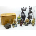 Two carved figures, oriental figures, a caddy, etc.