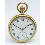 A gold plated top wind pocket watch with enamel dial