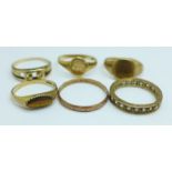 Five 9ct gold rings and a yellow metal ring, (6.6g of 9ct, 1.3g yellow metal)
