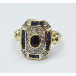 A 9ct gold Art Deco style sapphire and diamond ring, 2.6g, L