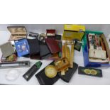 A box of playing cards, wallets, folders, notebooks, tweezers, magnifier, etc. **PLEASE NOTE THIS