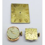 Rolex and Omega lady's wristwatch movements and a Rolex dial