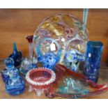 Studio glass including an axe head vase, M'dina vase, three glass baskets, two scent bottles,