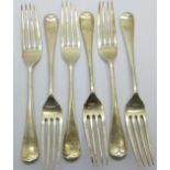 Six silver dessert forks, Walker & Hall, 304g