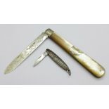 A silver and mother of pearl fruit knife and a small niello knife