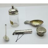 A silver tea caddy spoon, a Victorian silver topped mustard pot with later silver spoon, a 925