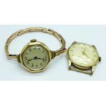 A Pioneer 9ct gold wristwatch head with long service inscription and a lady's 9ct gold case