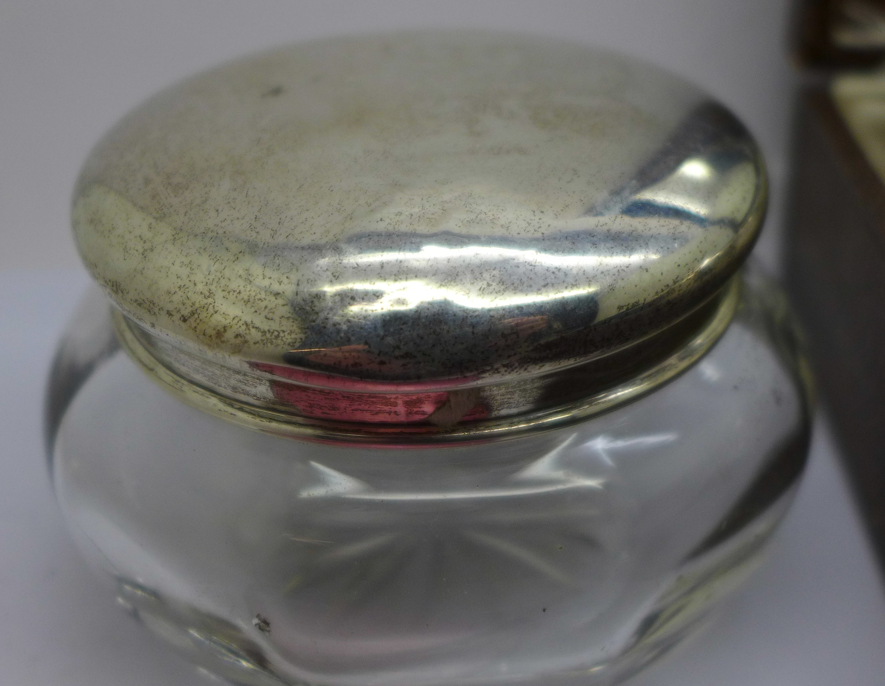 A pair of silver backed brushes, cased, a silver and enamel mirror, a/f, a silver topped glass - Image 3 of 5