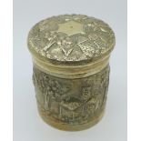 A white metal lidded pot, possibly Indian, tests as silver, 110g, height 87mm