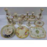 A blush ivory dressing table set, one other pair of candlesticks, tray, bowl and a pair of vases (