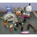 A wooden cat figure, decorative china and alcohol miniatures **PLEASE NOTE THIS LOT IS NOT