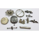 Ten silver and white metal brooches, one a/f