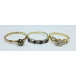 Three 9ct gold rings, 3.7g, all size O/P