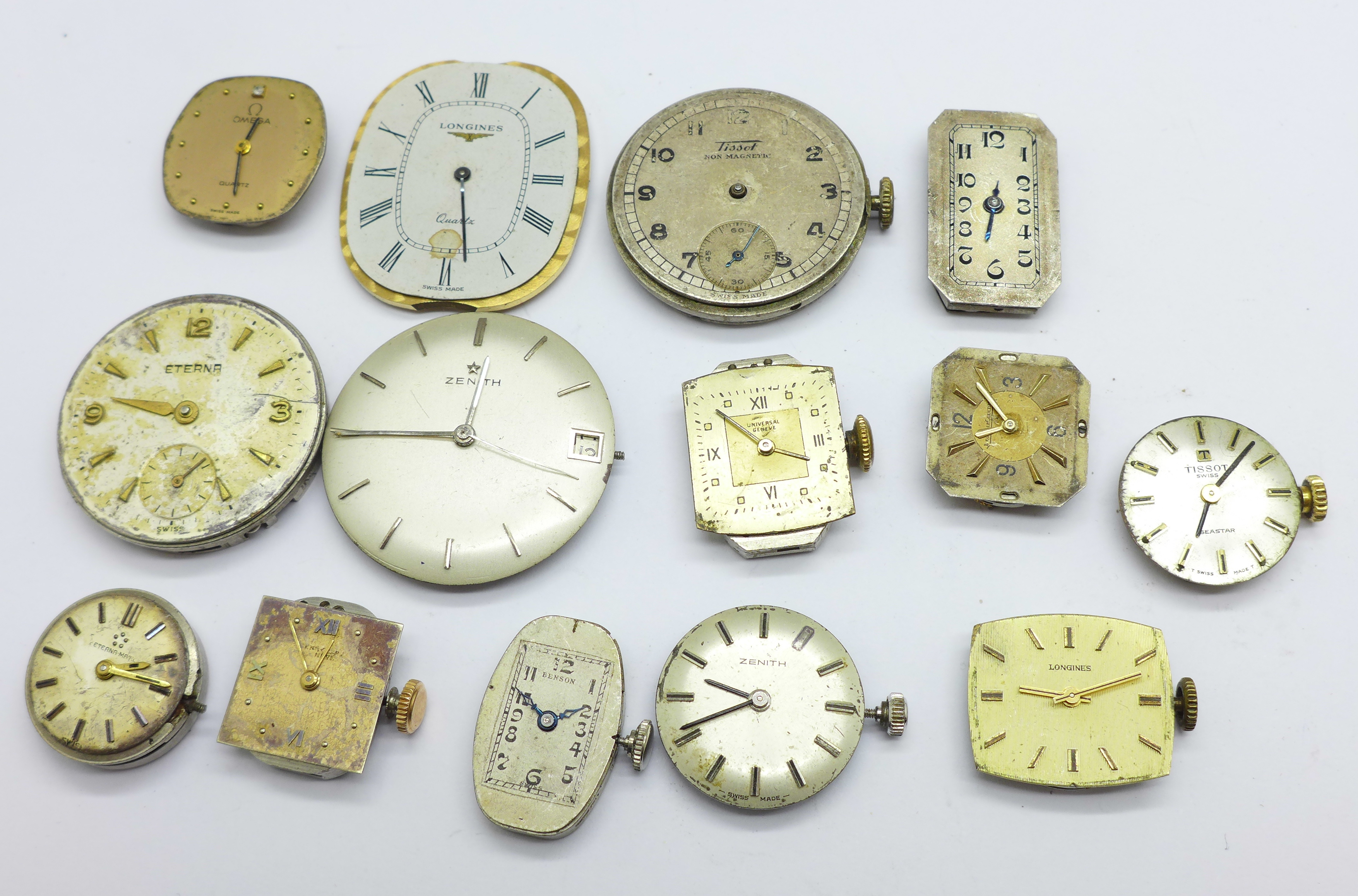 Lady's and gentleman's wristwatch movements including Omega, Universal, Jaeger-LeCoultre, Longines