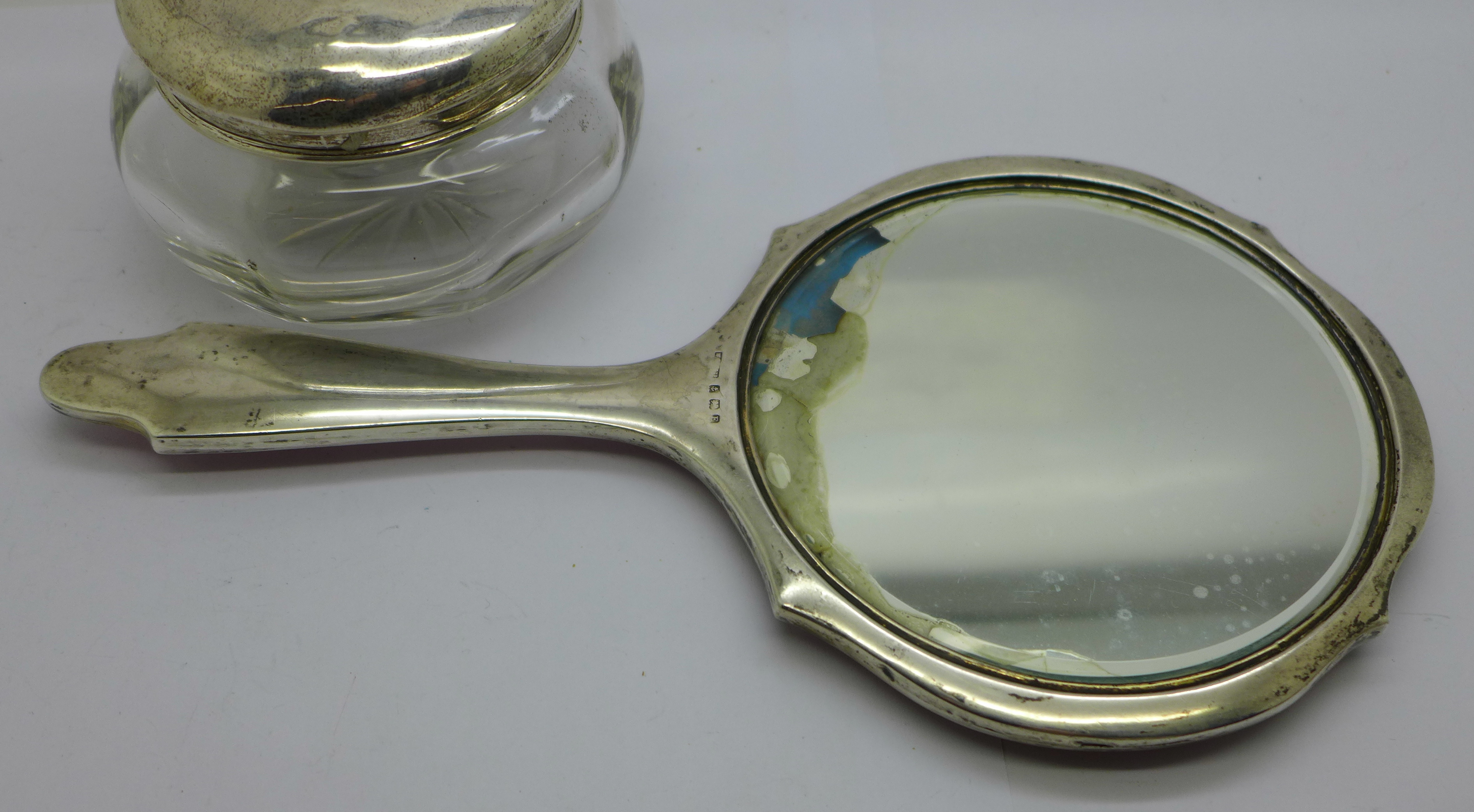 A pair of silver backed brushes, cased, a silver and enamel mirror, a/f, a silver topped glass - Image 5 of 5