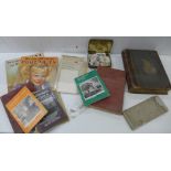 Books and ephemera including The Complete Works of Flavius Josephus, cigarette cards, a 19th Century