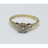 A 9ct gold, platinum set Art Deco diamond ring, 1.7g, P
