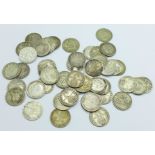 Assorted silver 3d coins, 64g