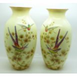 A pair of Edwardian Crown Ducal blush ivory vases decorated with birds and butterflies, 24.5cm