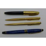A Sheaffer pen with 14ct gold nib, cap dented, a Waterman pen and a plated Parker pen and pencil, (
