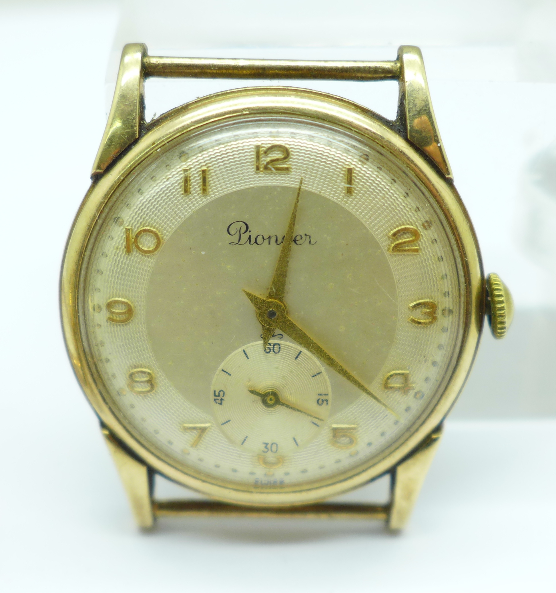 A Pioneer 9ct gold wristwatch head with long service inscription and a lady's 9ct gold case - Image 2 of 5