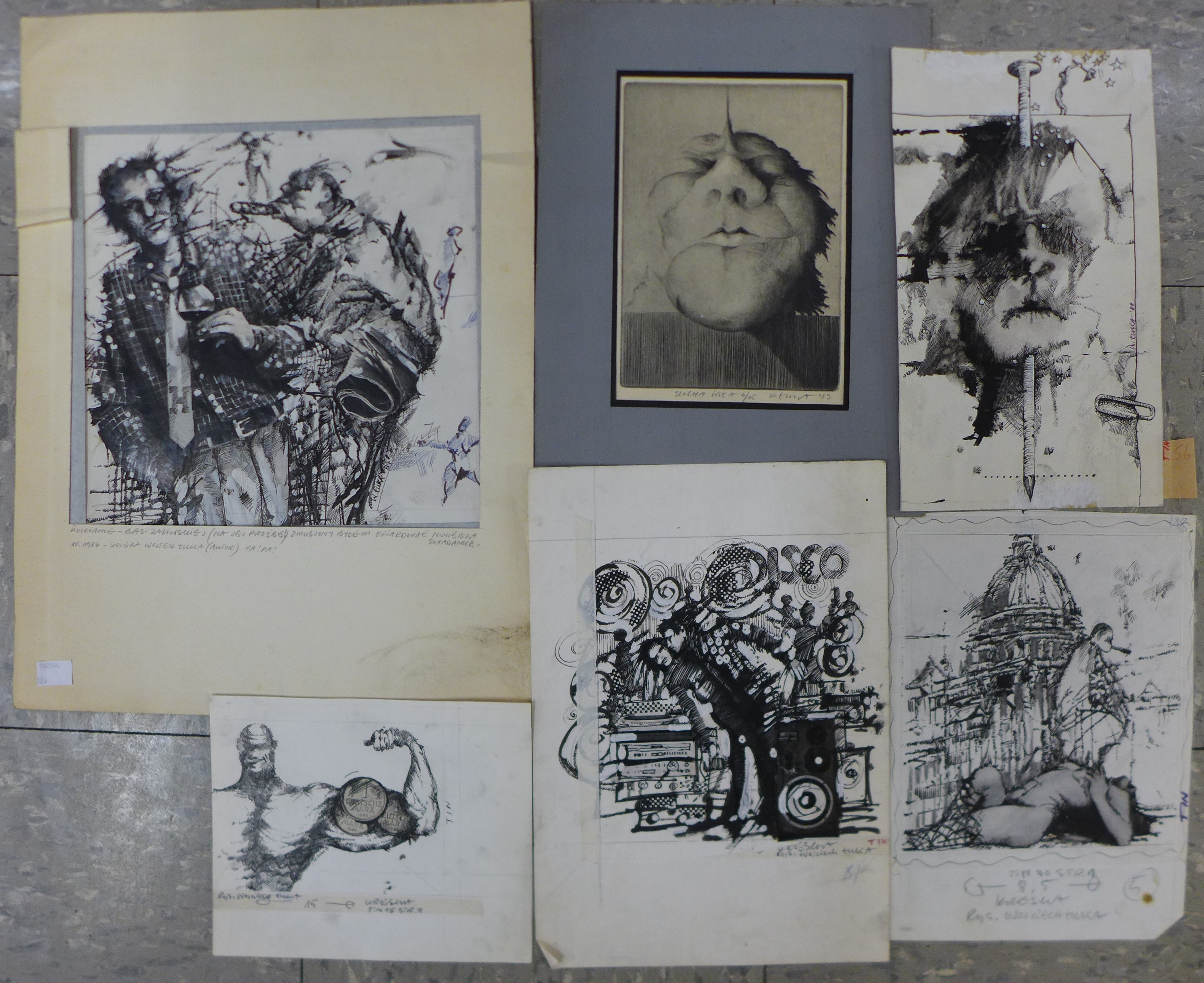 Wojciech Tuka (Polish), five mixed media surrealist studies, an abstract etching and four others