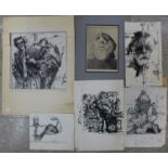 Wojciech Tuka (Polish), five mixed media surrealist studies, an abstract etching and four others