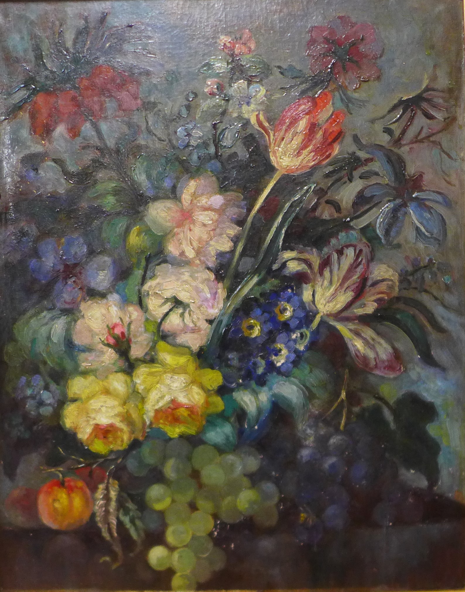 English School (early 20th Century), still life of flowers and fruit, oil on board, 49 x 39cms,