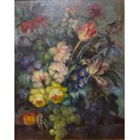 English School (early 20th Century), still life of flowers and fruit, oil on board, 49 x 39cms,