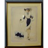 A Karen Dupree print, portrait of an Art Deco lady walking West Highland Terriers, 60 x 45, framed