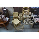 Two bamboo armchairs, magazine rack, box, etc.