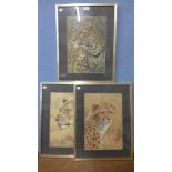 A set of three big cat prints, framed