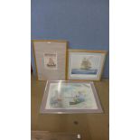 A signed Geoff Hunt print, H.M.S. Surprise, a W. Heath Robinson print, Noah's Ark and a watercolour,