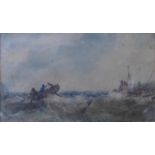 Edwin Hayes (1819-1904), boats in a stormy sea, watercolour, 12 x 21cms, framed