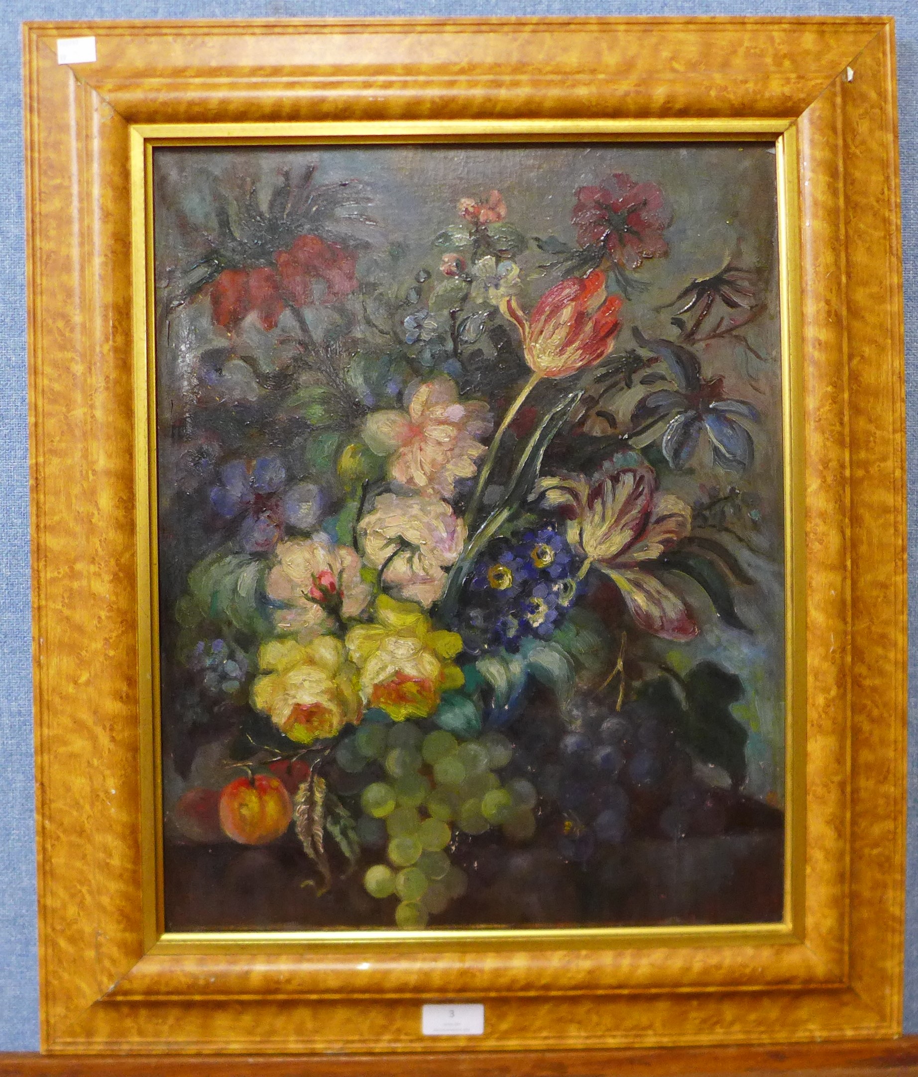 English School (early 20th Century), still life of flowers and fruit, oil on board, 49 x 39cms, - Image 2 of 2