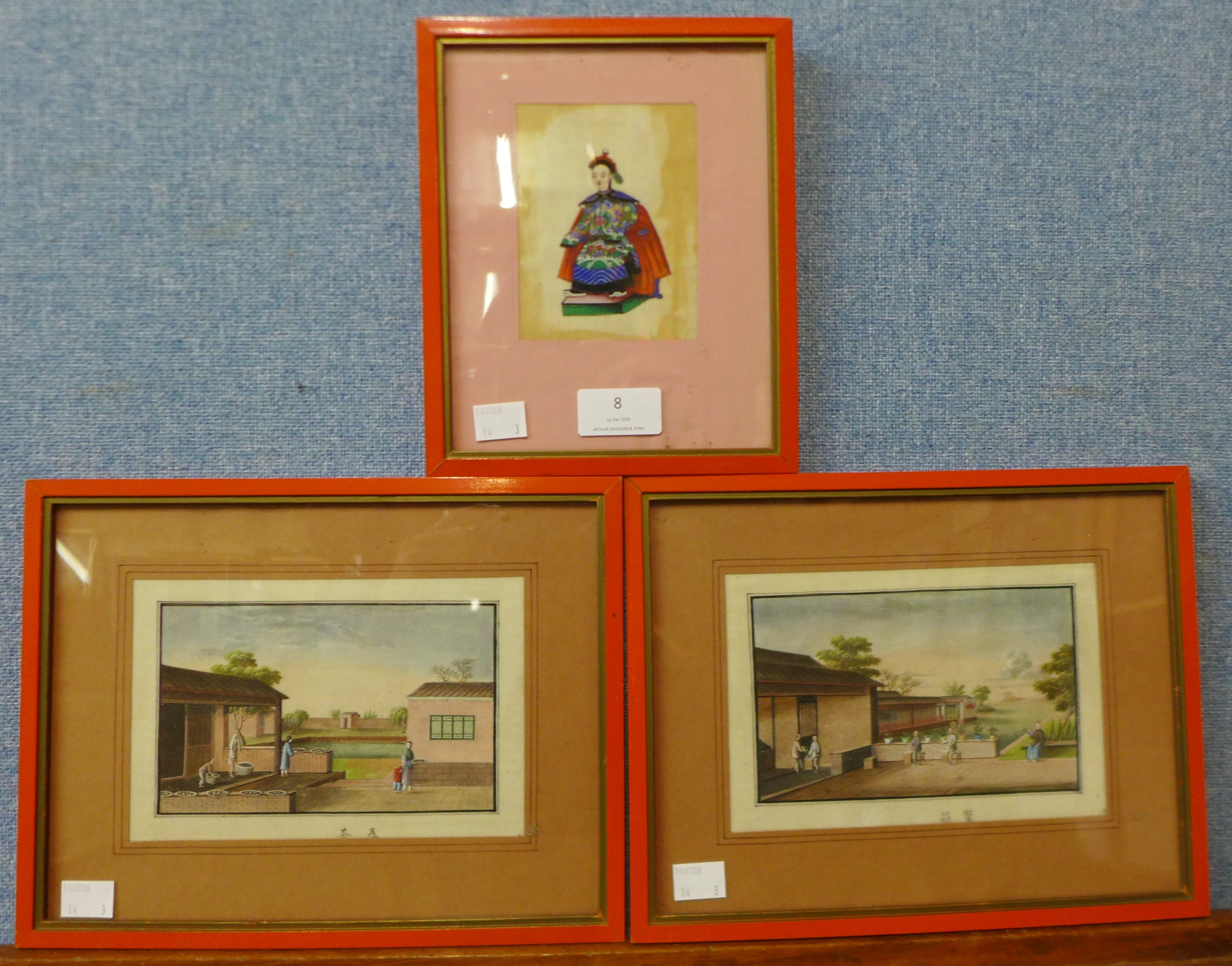 Chinese School, pair of courtyard scenes, watercolour on pith paper, 11.5 x 17.5cms and a portrait - Image 4 of 4