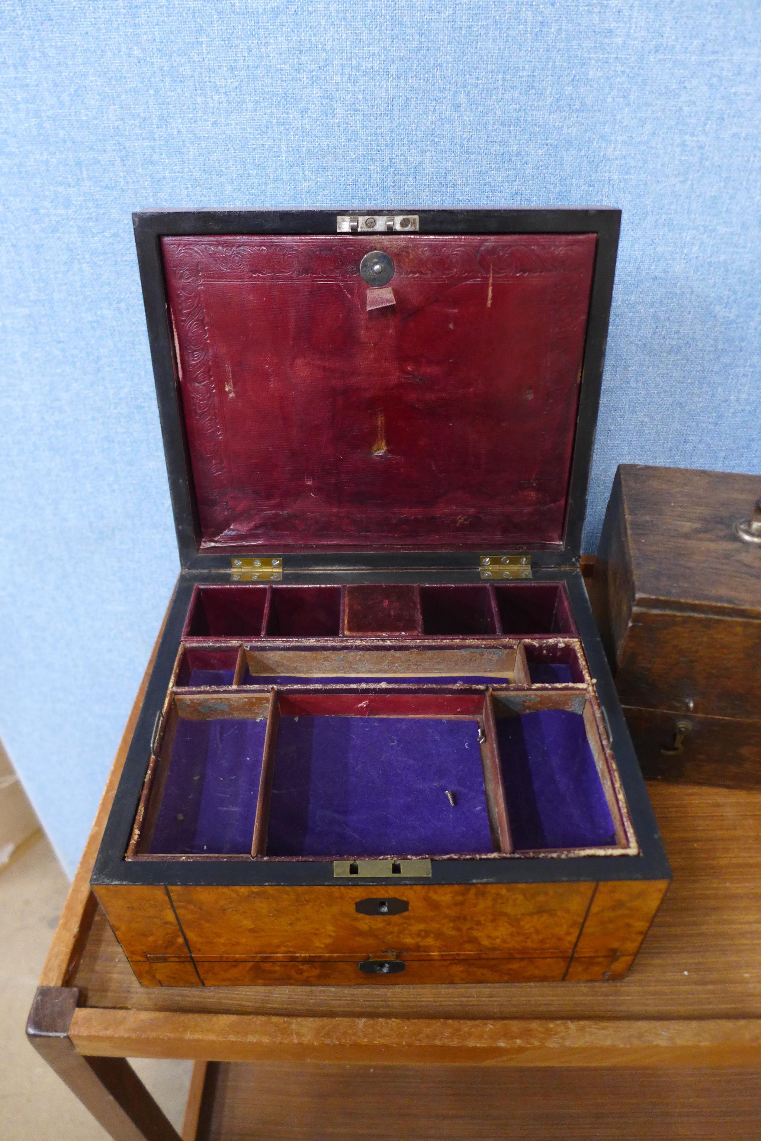 A Victorian burr walnut jewellery box 16.5cms h x 29.5cms w and an oak radio box - Image 2 of 2