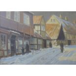 Danish School, winter town scene with figures, oil on canvas, indistinctly signed, 91 x 129cms,