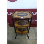 A 19th Century French rosewood, ebonised and marquetry inlaid three tier etagere, 80cms h