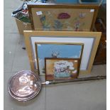 Three prints, an embroidered fire screen and a copper warming pan